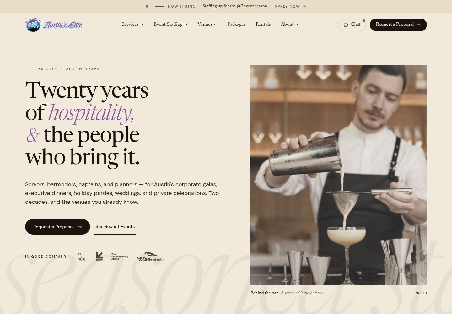 Austin’s Elite Events homepage with event services and hospitality photography