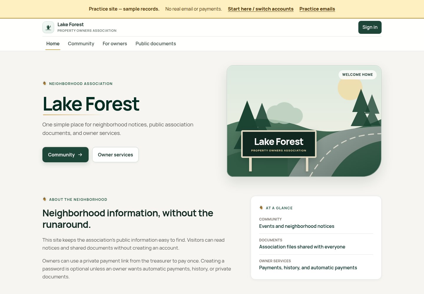 Lake Forest association demo with community navigation and neighborhood information