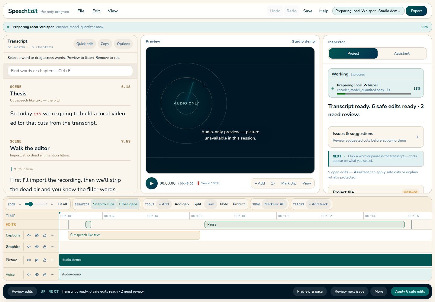 SpeechEdit workspace showing a transcript, editing suggestions, and recording timeline